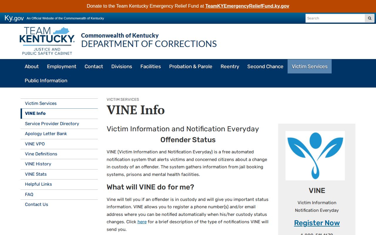 Kentucky VINE coverage information for Livingston County arrest alerts