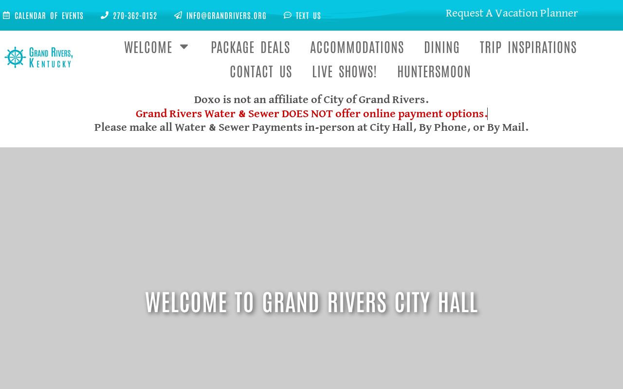 Official City of Grand Rivers contact page showing municipal contact information